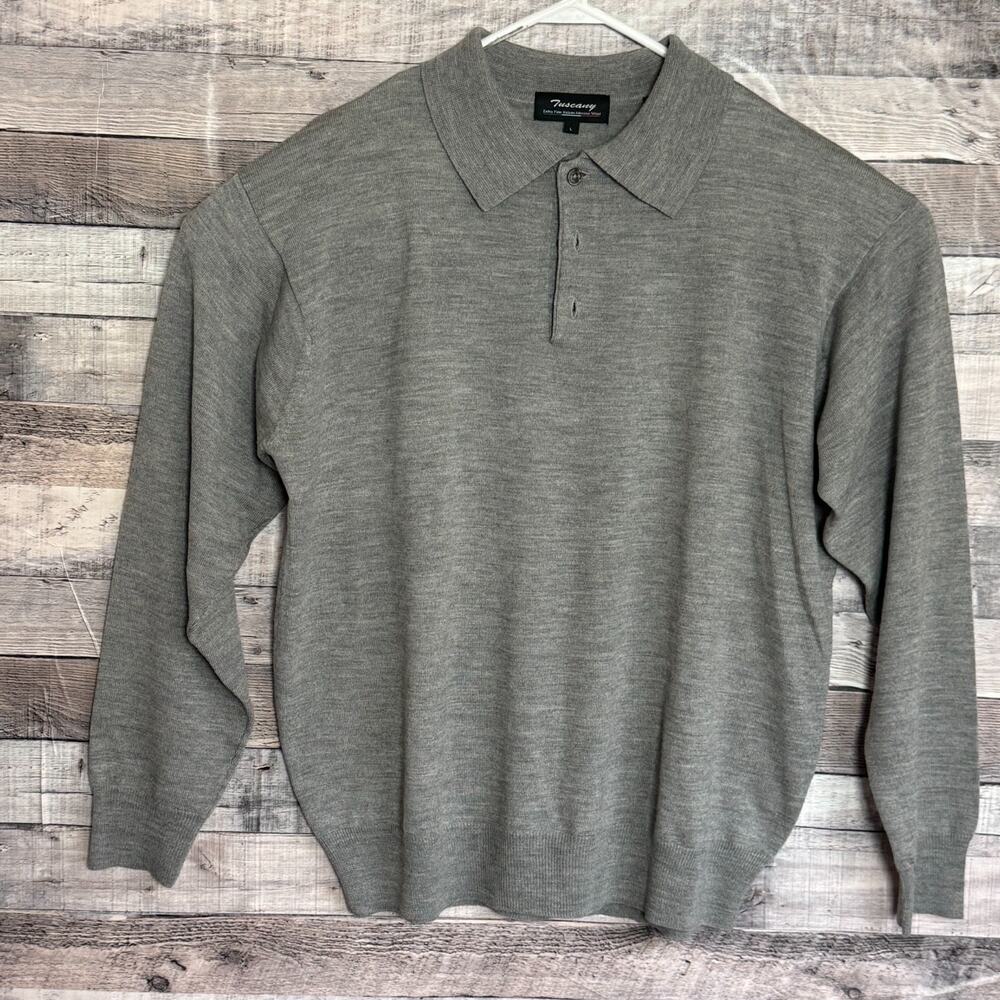 Tuscany Italian Merino Wool Polo Sweater Mens Large Gray Soft Lightweight